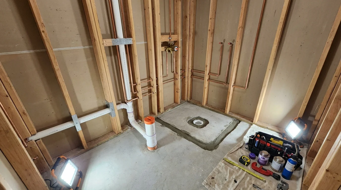 Bathroom rough-in plumbing during remodel by Johns Plumbing LLC in Willingboro