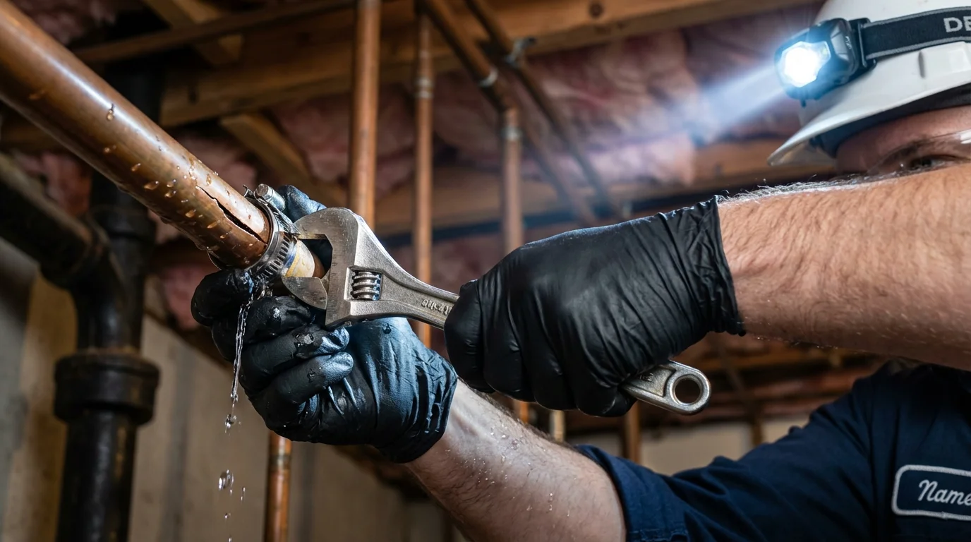 Emergency pipe clamp repair being performed by a Johns Plumbing LLC plumber in Willingboro