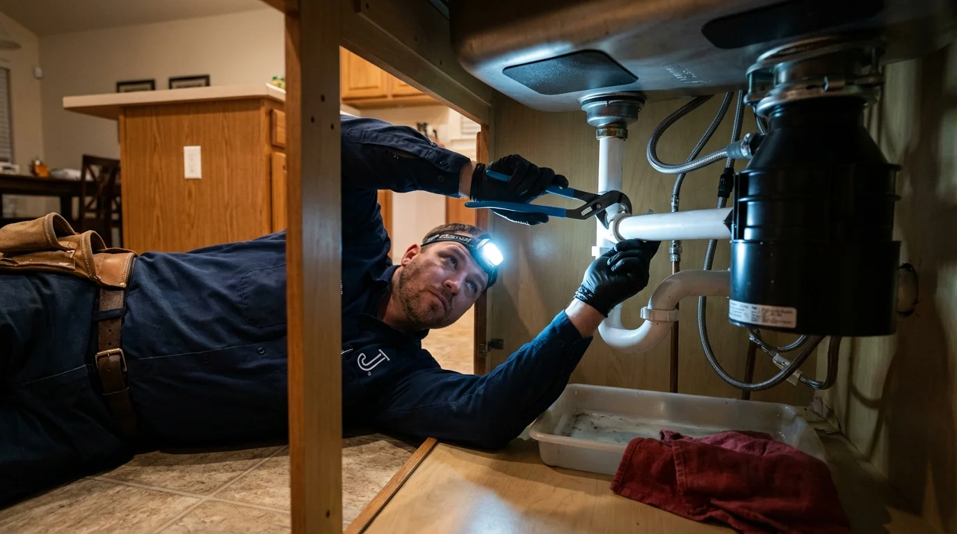 P-trap and supply line connections under a kitchen sink showing a common leak point in Willingboro, NJ